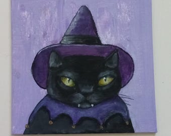 Black Cat with Pointy Hat Painting, 5 inch Square, Original Hand Painted, Help Senior Cats
