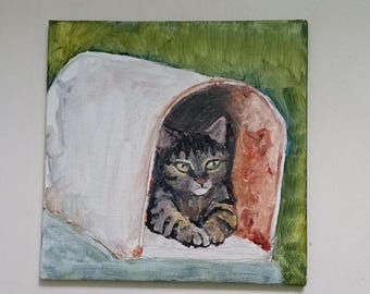 Striped Cat in Mailbox, 5 inch Square, Original Hand Painted, Help Senior Cats