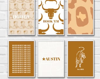 University of Texas Longhorns Wall Art Printable – Burnt Orange UT Austin Dorm Decor, Hook ’Em Horns College Poster Digital Download