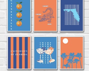 University of Florida Gators Wall Art Printable – UF Dorm Decor, Orange and Blue College Poster, Chomp Gator Digital Download Print