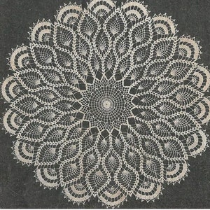 以下が含まれることがあります： 中央に星形があり、放射状に複雑なレースワークが並んだ円形のデザインの白いクロシェのドイリーです。