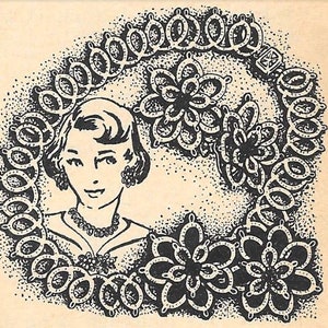 May include: A black and white illustration of a woman wearing a necklace with a floral design. The necklace is made of a series of connected loops and flowers.