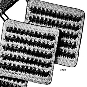 May include: Two black and white crocheted chair cushions with a textured pattern. The cushions are made with a simple stitch and have a modern look. The pattern number 3202 is printed on the image.