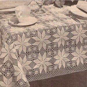 May include: A white crocheted tablecloth with a delicate floral pattern. The tablecloth is laid out on a table with a white cup and saucer, a glass, and a plate with silverware.