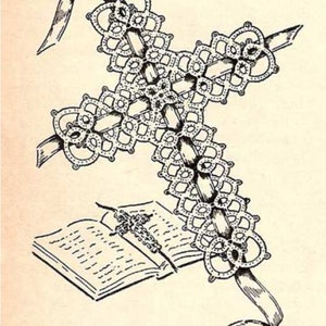 May include: An illustration of a detailed, openwork cross with a ribbon, and a book with a smaller cross bookmark. The cross is made of interconnected floral and geometric shapes. The book is open, with lines of text visible.