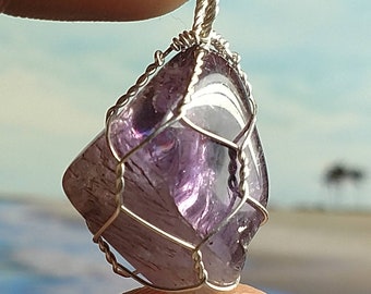 Agape Crystal Tumble Stone Sterling Silver Wire Art Pendant WP012 With Super Fine Minerals, Sacred Seven