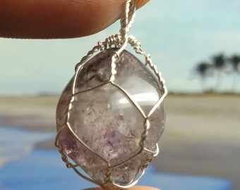 Agape Crystal Tumble Stone Sterling Silver Wire Art Pendant WP011 With Super Fine Minerals, Sacred Seven