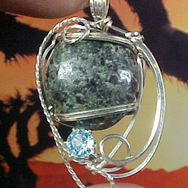 Preseli Bluestone Sterling Wire Art Pendant and Swiss Blue Topaz 123 Awakening Truth, & Avalon, Druid, Merlin and Arthurian Energies