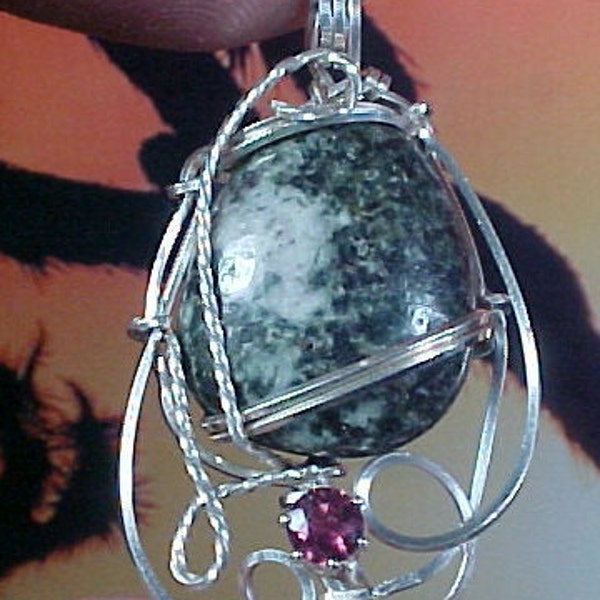 Preseli Bluestone Sterling Wire Art Pendant and Rubellite Tourmaline 126 Energizing Heart Awakening Avalon Druid Merlin & Arthurian Energies