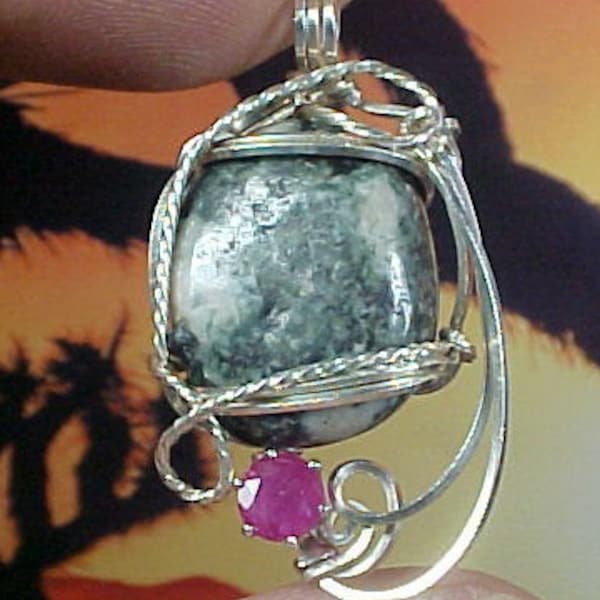 Preseli Bluestone Sterling Wire Art Pendant and Ruby 124 Conquering Darkness, Awakening Avalon, Druid, Merlin & Arthurian Energies