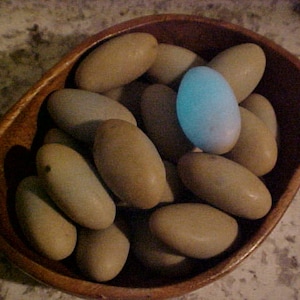 May include: A wooden bowl filled with smooth, oval-shaped stones in shades of tan and brown. One stone is a vibrant blue. The bowl has a natural wood grain and is set against a speckled background.