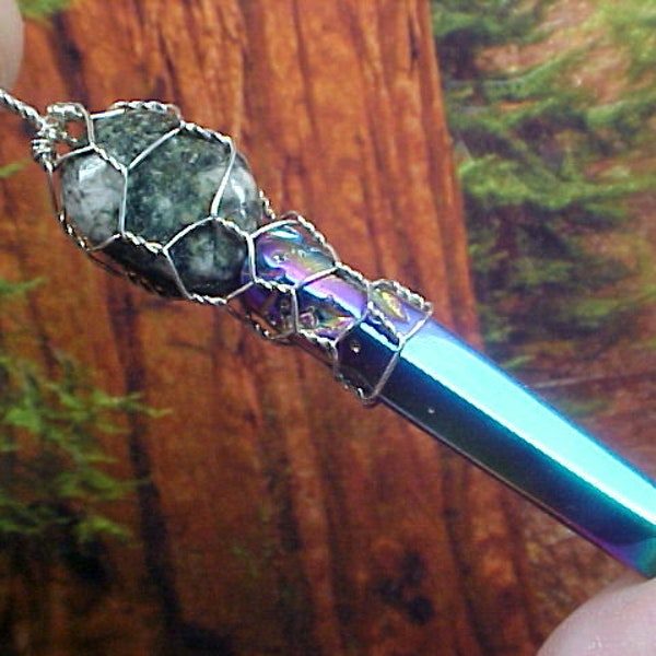 Preseli Bluestone Titanium Rainbow Aura Crystal Sterling Wire Art Pendant 023 Dissolving Old Karmic Obligations & Bonds