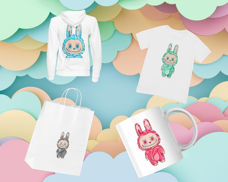 May include: A white hoodie, t-shirt, shopping bag, and mug featuring a cartoon bunny character. The bunny is depicted in various colors and outfits, including blue, green, black, and pink. The background is a pastel color palette.