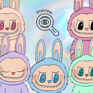 Puede incluir: Ilustraci&oacute;n de seis personajes de dibujos animados con disfraces de conejos, cada uno con una combinaci&oacute;n de colores &uacute;nica. Los disfraces son rosa, morado, azul, verde y melocot&oacute;n. Cada personaje tiene una sonrisa amplia y con dientes y ojos en forma de coraz&oacute;n. Una lupa con un ojo est&aacute; en el centro superior.
