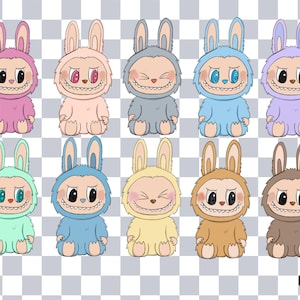 Puede incluir: Una colecci&oacute;n de personajes de conejos de dibujos animados en varios colores, incluyendo rosa, melocot&oacute;n, gris, azul y morado. Cada conejo tiene una sonrisa traviesa y ojos grandes. Los conejos visten trajes con capucha y tienen orejas largas.