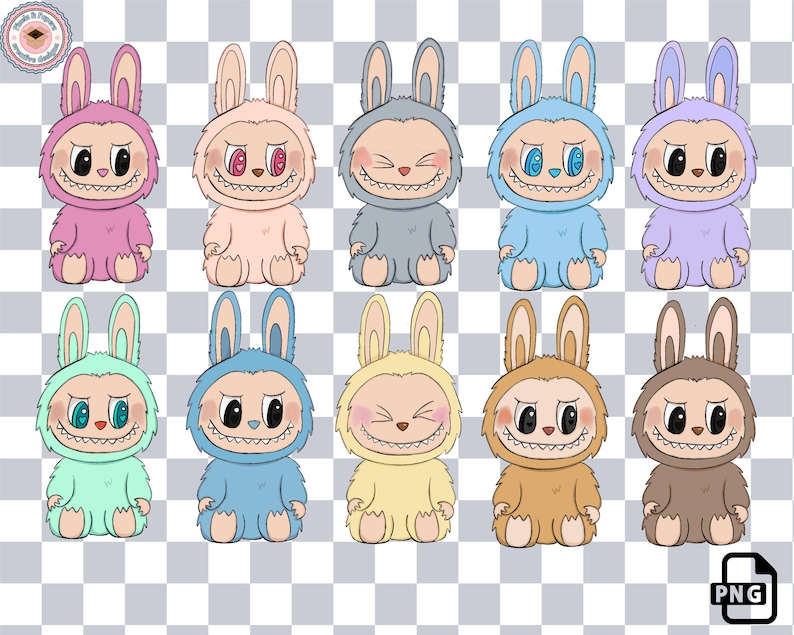 Puede incluir: Una colecci&oacute;n de personajes de conejos de dibujos animados en varios colores, incluyendo rosa, melocot&oacute;n, gris, azul y morado. Cada conejo tiene una sonrisa traviesa y ojos grandes. Los conejos visten trajes con capucha y tienen orejas largas.