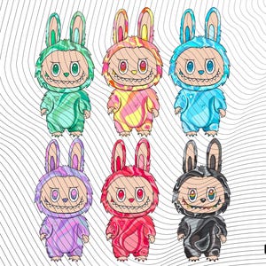 May include: Six colorful cartoon characters in bunny costumes with menacing smiles. Each character is a different color: green, yellow, blue, purple, red, and black. The image is a digital illustration with a PNG file format.