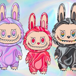 May include: Three cartoon figures in bunny suits with menacing smiles. The suits are in shades of pink, red, purple, and gray with swirled patterns. Each figure has a different eye color, and the teeth are also different colors.