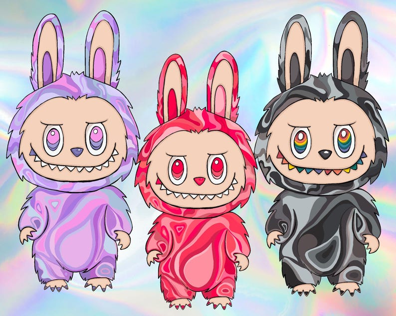 May include: Three cartoon figures in bunny suits with menacing smiles. The suits are in shades of pink, red, purple, and gray with swirled patterns. Each figure has a different eye color, and the teeth are also different colors.