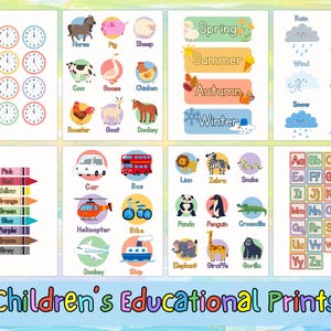 Conjunto de carteles educativos, carteles de aprendizaje para niños pequeños, decoración imprimible para sala de juegos, póster del alfabeto, arte de pared para niños, educación en el hogar