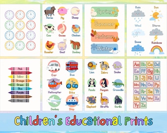 Set di poster educativi / Poster di apprendimento per bambini / Decorazione stampabile per la sala giochi, poster dell'alfabeto, arte murale per bambini, scuola materna