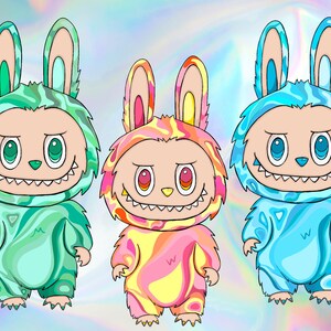 May include: Three cartoon figures in bunny costumes with menacing smiles. The costumes are in shades of green, pink and yellow, and blue. Each figure has a letter "W" on the chest. The background is a holographic, iridescent pattern.