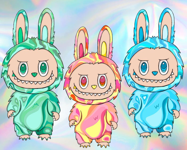 May include: Three cartoon figures in bunny costumes with menacing smiles. The costumes are in shades of green, pink and yellow, and blue. Each figure has a letter "W" on the chest. The background is a holographic, iridescent pattern.