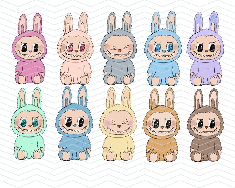 Puede incluir: Una colecci&oacute;n de diez personajes de conejos de dibujos animados en varios colores pastel. Cada conejo tiene un cuerpo peludo, orejas grandes y una sonrisa traviesa. Los conejos son en tonos de rosa, melocot&oacute;n, gris, azul, morado, verde, amarillo, marr&oacute;n y beige.