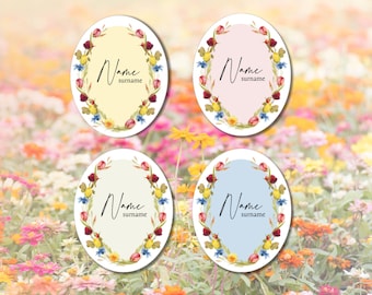 Segnaposto floreali, biglietti da visita per matrimoni, personalizzati modificabili e scaricabili digitalmente da Canva, cartellino con nome per cena di classe,