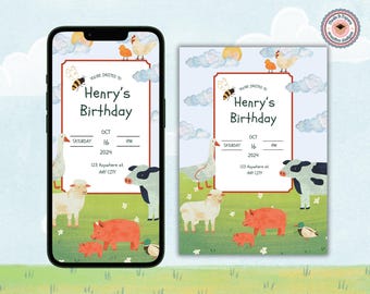 Invito di compleanno a tema fattoria / Invito digitale per festa per bambini / Tema fattoria / Modello modificabile, download immediato / Invito con animali da fattoria