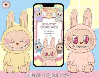 Labubu Geburtstagseinladung | Labubu Einladen | Digitaler Download | Bearbeitbare Canva Vorlage | Niedliche Cartoon-Party einladen | Kindergeburtstag einladen