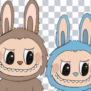 Puede incluir: Dos personajes de dibujos animados de conejos con orejas grandes, caras sonrientes y dientes afilados. Un conejo es marr&oacute;n, el otro es azul. Ambos tienen ojos negros grandes y mejillas rosadas. El fondo es un patr&oacute;n de cuadros.