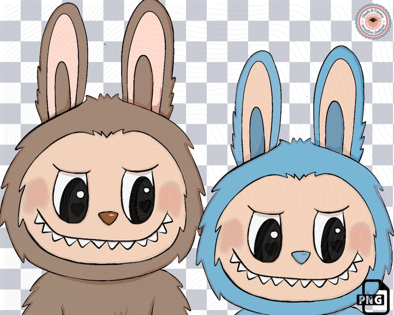 Puede incluir: Dos personajes de dibujos animados de conejos con orejas grandes, caras sonrientes y dientes afilados. Un conejo es marr&oacute;n, el otro es azul. Ambos tienen ojos negros grandes y mejillas rosadas. El fondo es un patr&oacute;n de cuadros.