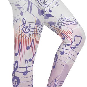 Music Lover Leggings, Musical Notes Clefs Microphones Lavender Leggings, Gift for Musicians, Washed Out Distressed Leggings, Music Themed