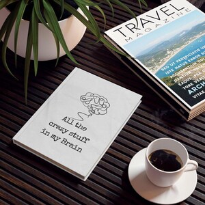 Può includere: Un taccuino bianco con la scritta "All the crazy stuff in my Brain" e un'illustrazione di un cervello è su una superficie di legno scuro. Sono presenti anche una rivista di viaggi e una tazza di caffè.