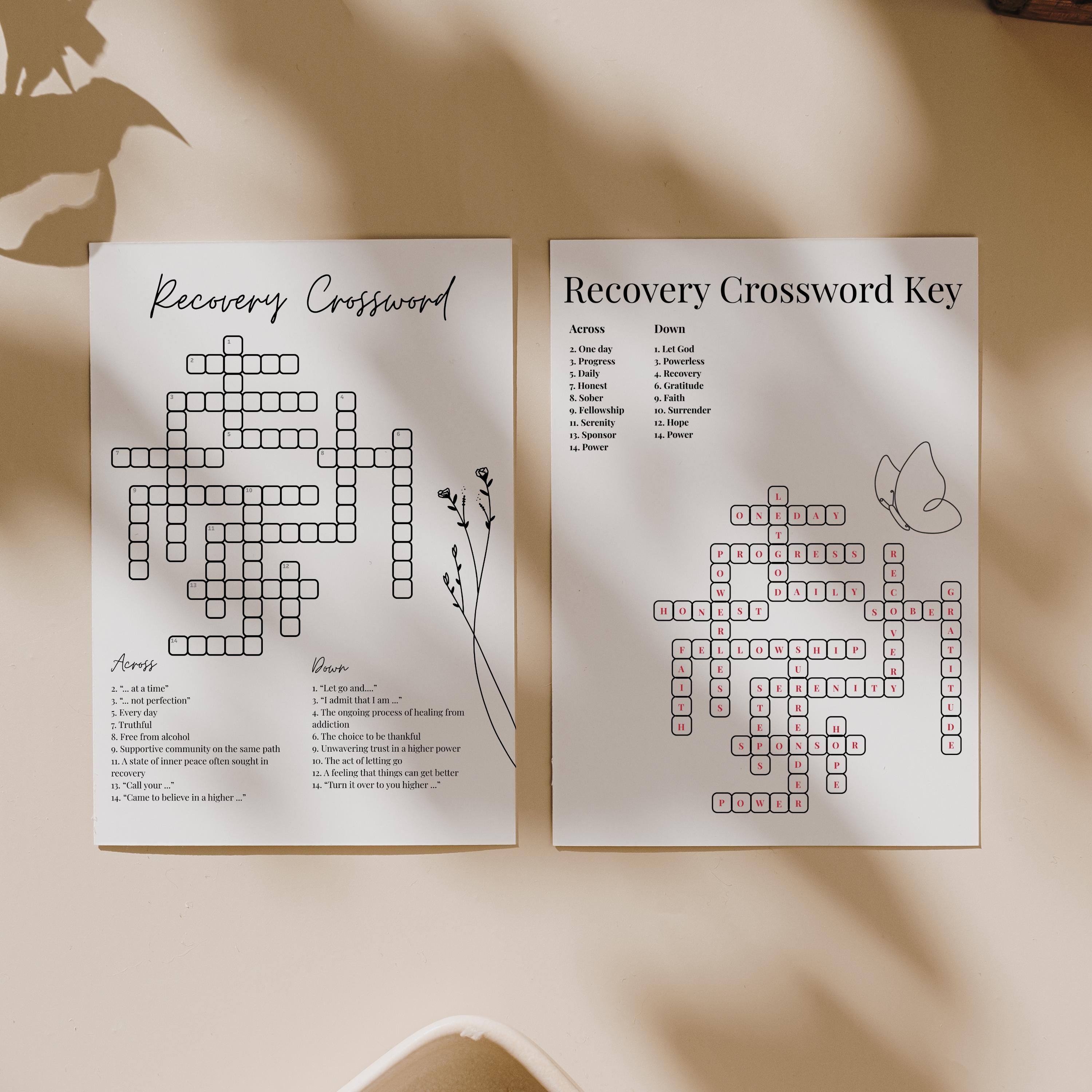 Recovery crossword game + answer key | 12 steps recovery boredom ...