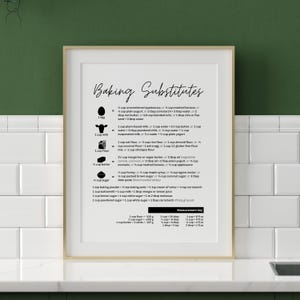 May include: A framed print with the title "Baking Substitutes" in elegant script. The print lists ingredient substitutions, such as applesauce for eggs and plant-based milk for dairy. A measurement key is included at the bottom.