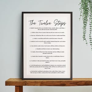 Op de afbeelding: Een zwart-witte printbare poster met de tekst "The Twelve Steps" en een lijst van twaalf stappen voor herstel. De stappen zijn genummerd en geschreven in een eenvoudig, gemakkelijk te lezen lettertype.