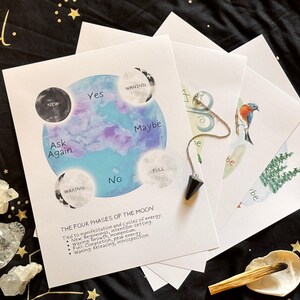 May include: A printable chart with a blue watercolour background and four moon phases: new, waxing, full, and waning. Each moon phase is labelled with a corresponding word: ask again, yes, maybe, and no. The chart also includes text describing the four phases of the moon and their associated energies.