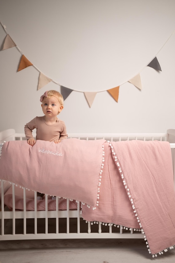 Personalized Muslin Pink Crib Bedding Set for Baby Girl, Duvet and