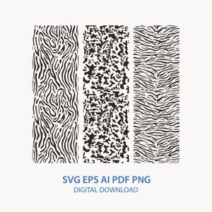 May include: Three vertical rectangular panels featuring black and white patterns. The left panel has wavy vertical lines, the centre panel displays an irregular spotted animal print, and the right panel shows horizontal tiger-like stripes. Text reads SVG EPS AI PDF PNG DIGITAL DOWNLOAD.