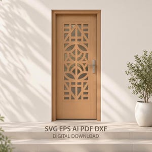 May include: A light brown wooden door featuring a central vertical panel with a geometric cutout design. The door includes a silver handle and is presented as a digital file with the text SVG EPS AI PDF DXF DIGITAL DOWNLOAD visible below.