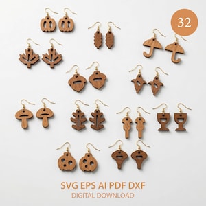32 Fall Earrings Laser Cut Files SVG Autumn Leaves Mushroom Owl Nature Jewelry DXF