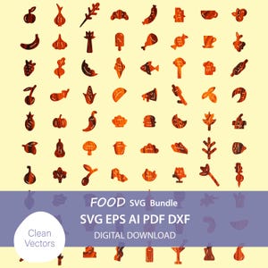 May include: A set of stylised food icons in brown and orange hues, depicting various fruits, vegetables, and cooked items. The image includes the text "FOOD SVG Bundle" and "DIGITAL DOWNLOAD".