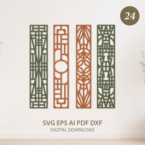 Pode incluir: Quatro painéis retangulares verticais com recortes geométricos intrincados. Dois painéis são verde-oliva e dois são laranja queimado. O texto SVG EPS AI PDF DXF DIGITAL DOWNLOAD está centralizado abaixo, com o número 24 em um círculo.