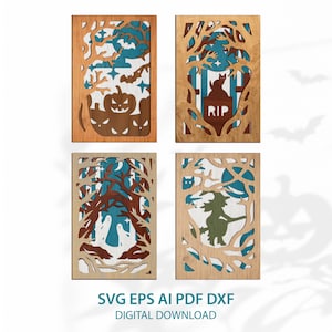 Gelaagde Halloween schaduwdoos SVG lasersnijbestanden griezelig bos muurdecoratiepaneel DXF