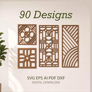 Puede incluir: Una colección de cuatro paneles de madera de color marrón cortados con láser que presentan patrones geométricos, incluyendo diseños circulares, lineales y de cuadrícula. El texto 90 Designs aparece arriba y SVG EPS AI PDF DXF DIGITAL DOWNLOAD abajo.