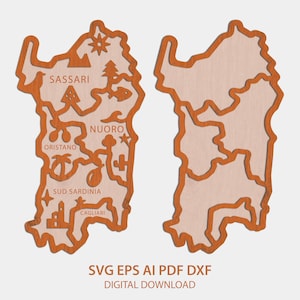 May include: Two wooden-style map cutouts of Sardinia featuring regional borders and icons. The left map includes text labels for Sassari, Nuoro, Oristano, Sud Sardinia, and Cagliari, alongside symbols like trees, waves, and buildings. Text reads SVG EPS AI PDF DXF DIGITAL DOWNLOAD.