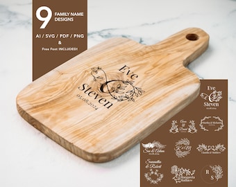9 Family Name Svg I Cutting Board Svg I Monogram Alphabet I Wedding Bundle SVG I Kitchen Towel Svg I Floral Frame Svg I Last Name Svg