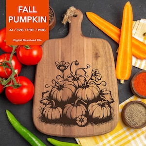 May include: A wooden cutting board with a design of pumpkins and vines. The text "FALL PUMPKIN" is at the top of the board. The board is surrounded by tomatoes, carrots, peppers, and spices.